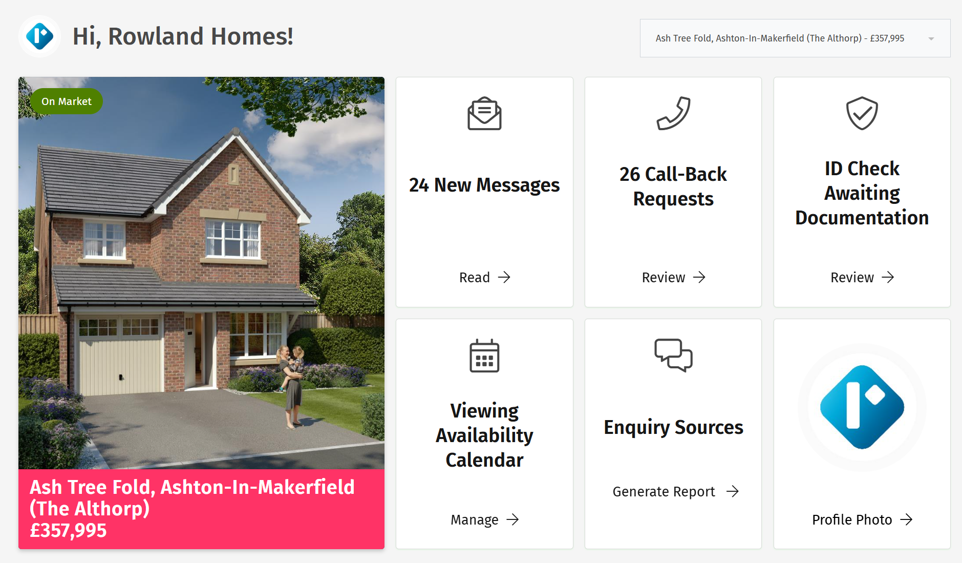 Rowland Homes developer dashboard — a listed property view showing scheme details, enquiries and reservation status.